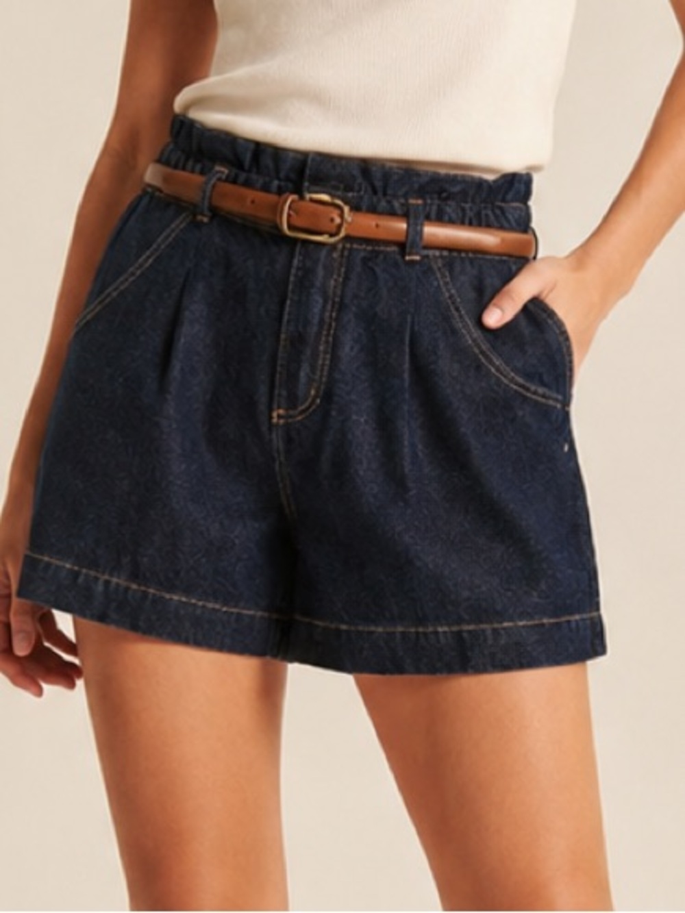 ZARA High-Waist Dark Indigo Denim Paperbag Belted Shorts